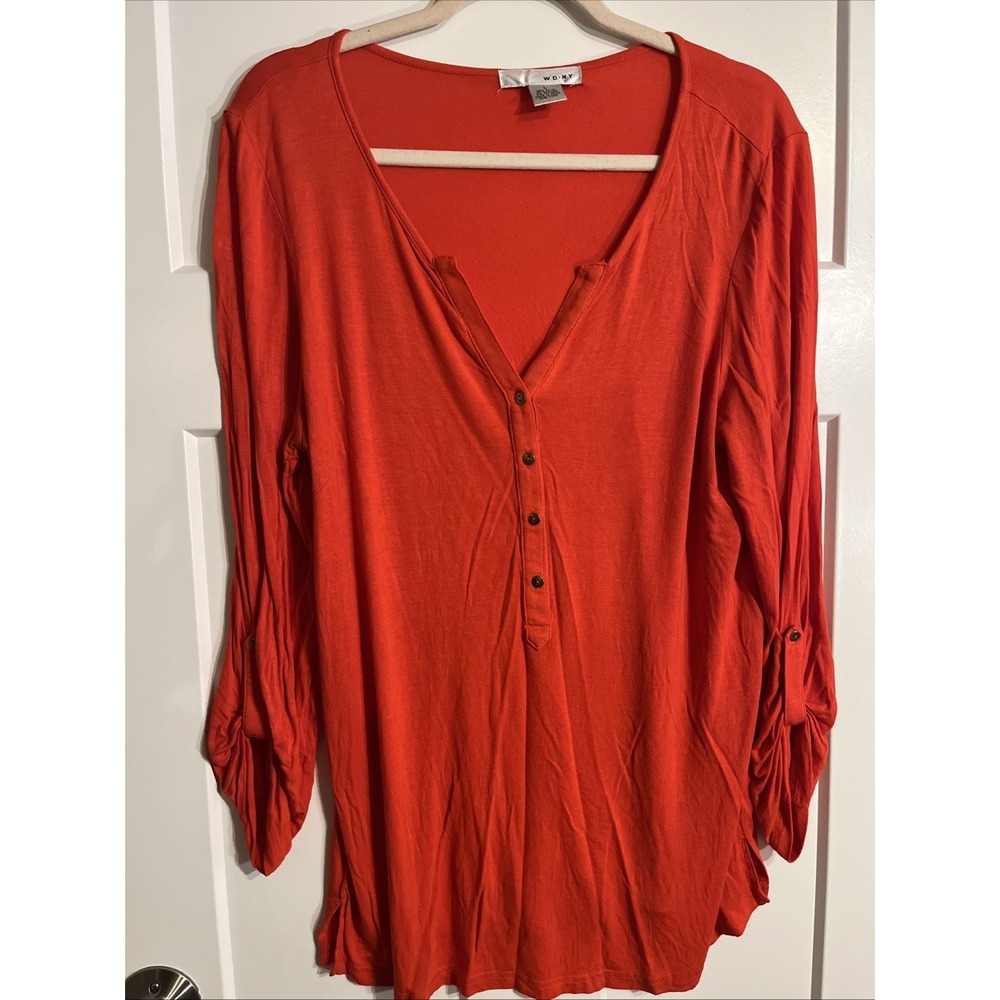 WD.NY Orange Knit Slim Fit Stretch Roll Tab Henley Blouse Top Womens Large